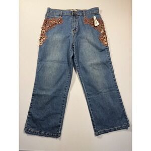 Mishca Embellished Crop Jeans Blue Lace Sequin Bead Boho Denim Size 8 NWT